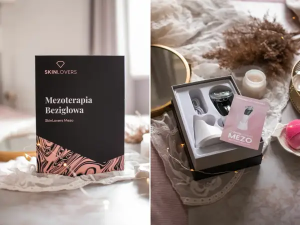Zestaw do mezoterapii bezigłowej w domu Skinlovers Mezo. Urządzenie w pudełku, instrukcja i różowa szczoteczka.