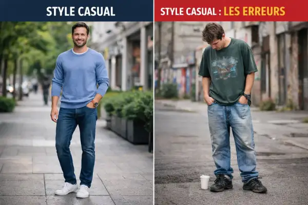 Un homme arbore un style casual réussi avec un pull bleu et un jean. À côté, un autre homme montre un style casual moins maîtrisé.