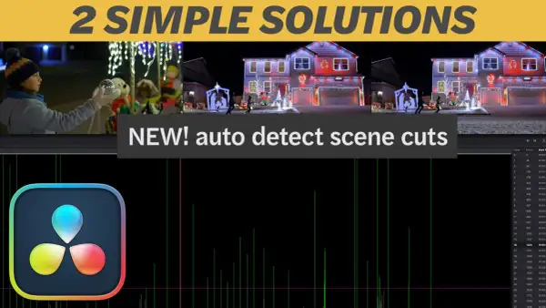 DaVinci Resolve scene cut detection helps simplify editing holiday footage. The image shows a child with Christmas lights and a timeline with detected cuts.