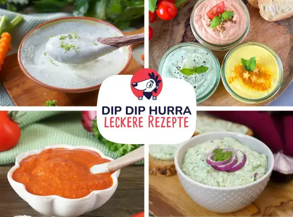 Vier bunte Dips, perfekt für Focaccia: Cremig-grüner Kräuterquark, rote Paprika-Creme, helle Limetten-Creme und gelber Dip mit Gewürzen.