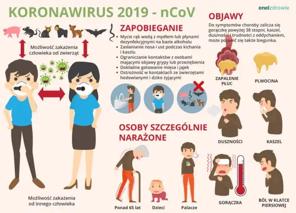 Grafika o pandemii koronawirusa: zapobieganie, objawy, grupy ryzyka. Ilustracje pokazują higienę, dystans, zwierzęta, objawy jak kaszel, gorączka.