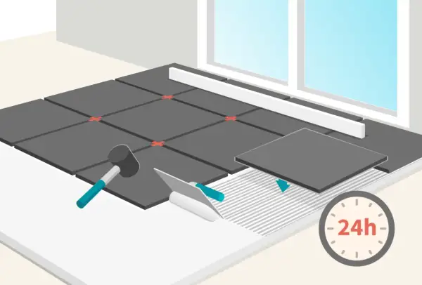 Illustration d'une pose de carrelage de terrasse avec outils, croisillons et indication de séchage 24h.