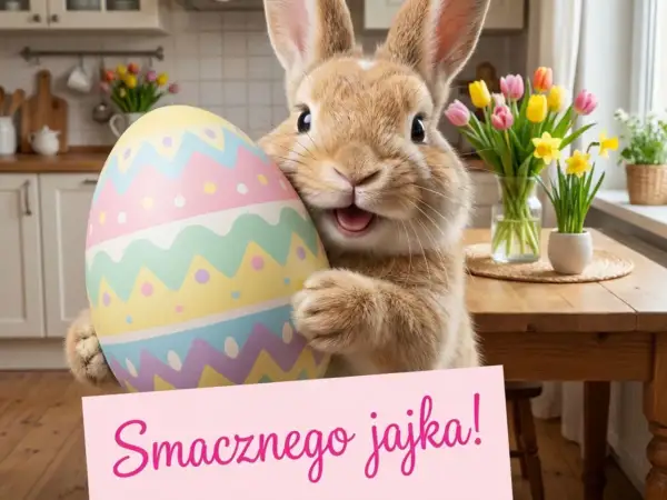 Uroczy króliczek z wielkanocnym jajkiem i krótkie życzenia wielkanocne: "Smacznego jajka!".