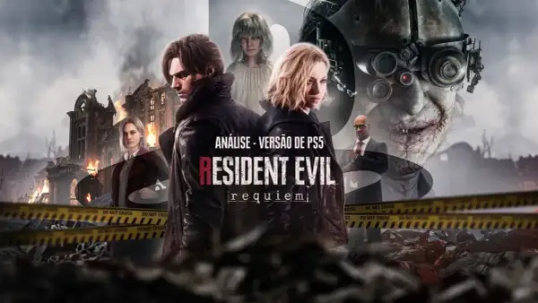 Leon i Ashley w tle płonącego dworu, zapowiedź nowego Resident Evil. Groza i zniszczenie.