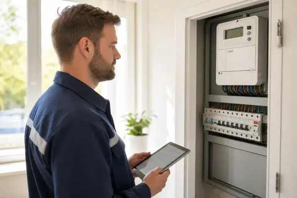 Un technicien examine un tableau électrique avec une tablette, vérifiant les compteurs et disjoncteurs. Il s'assure qu'il n'y a pas de vol d'électricité code pénal.