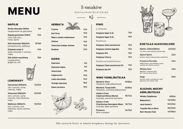 Gdański bowke menu: napoje, herbaty, piwo, kawa, wina, koktajle i mocne alkohole.