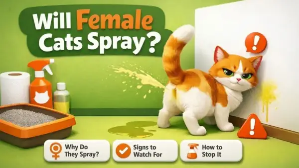 An orange and white cat sprays urine on a wall, illustrating the question: "Will female cats spray?" Learn why, signs, and how to stop it.