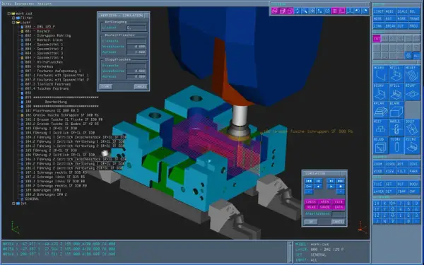 Symulacja obróbki w Linux CNC, gdzie frez wirtualnie obrabia element.