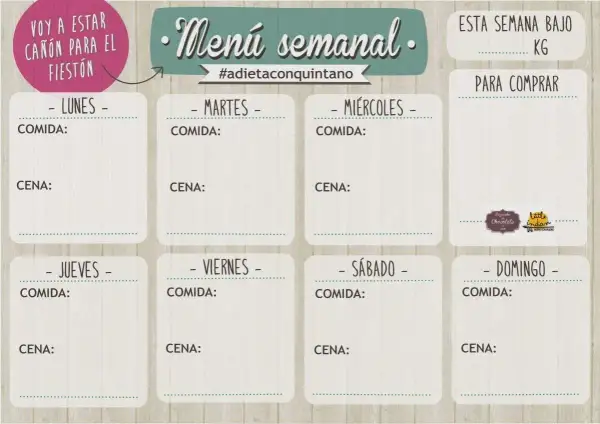 Plan nutricional semanal para estar cañón en el fiestón. Incluye espacios para comidas y cenas de lunes a domingo, y una sección para la lista de compras.