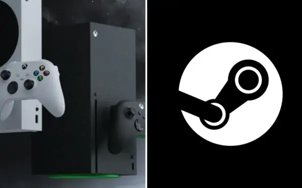 Dwa konsole Xbox Series X/S z kontrolerami i logo Steam. Marzenie o graniu w gry Steam na Xboxie.