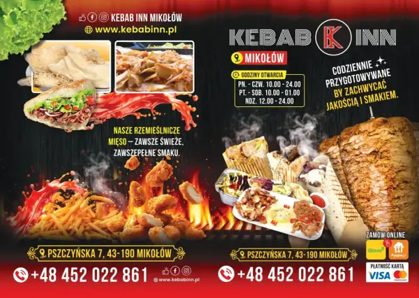 Plakat reklamowy z kebabem, frytkami, kurczakiem i napisem "Kebab Inn Mikołów".