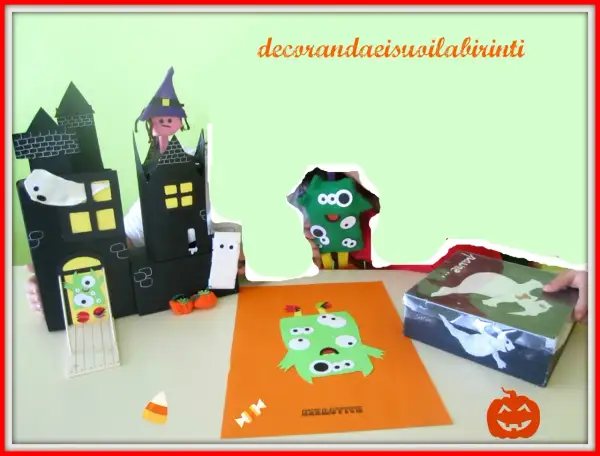 Un castello di Halloween da colorare, con fantasmi, mostri e zucche, pronto per essere decorato.
