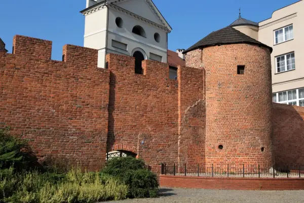 Kamienna baszta obronna, znana jako baszta Dorotka, z charakterystycznym stożkowym dachem, otoczona ceglanym murem.