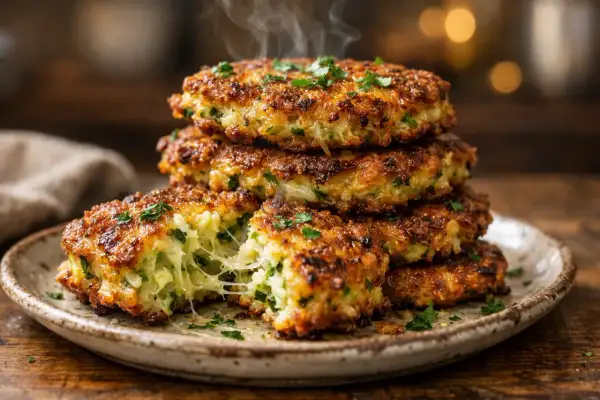 Pile de galettes de courgette dorées et croustillantes, garnies de persil frais. La vapeur s'échappe d'une galette coupée, révélant un cœur fondant.