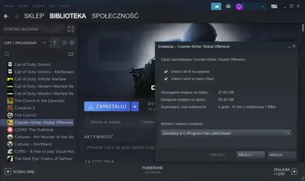 Jak usunąć grę z biblioteki Steam? Okno instalacji Counter-Strike: Global Offensive pokazuje, że gra zajmuje 27.62 GB.