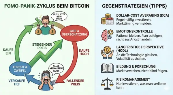 Der FOMO-Panik-Zyklus beim Bitcoin zeigt, wie Gier und Angst das Trading beeinflussen. Gegenstrategien wie DCA, Emotionskontrolle und Bildung helfen, klüger zu investieren.