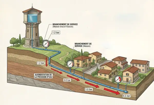 Schéma illustrant quelle pression d'eau pour une maison, de la tour d'eau aux habitations. La pression augmente dans les canalisations souterraines.