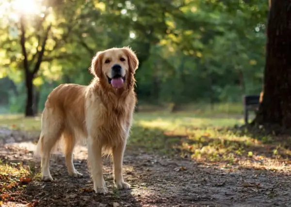 Złocisty retriever stoi w parku, ciesząc się słońcem.