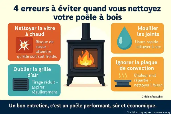 Infographie sur l'entretien d'un poêle à bois, montrant une cheminée et 4 erreurs à éviter, dont la sortie fumée poele a bois.