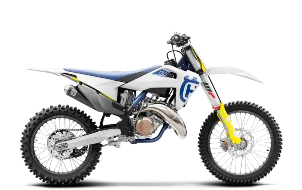 Motocykl Husqvarna 125 2T w białej, niebieskiej i żółtej kolorystyce, widok z boku.
