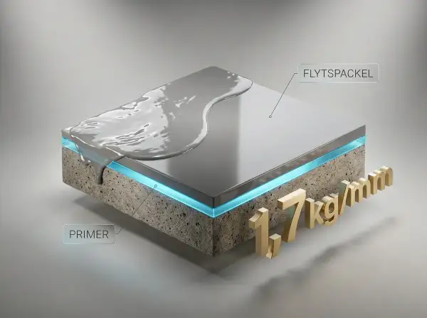 Flytspackla golv: primer appliceras på betong, sedan ett lager flytspackel. 1,7 kg/mm.