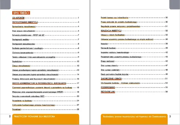 Spis treści poradnika dla inwestora: przygotowanie inwestycji, proces administracyjny, realizacja inwestycji, zakończenie i odbiór. Zawiera informacje o projekcie budowlanym.