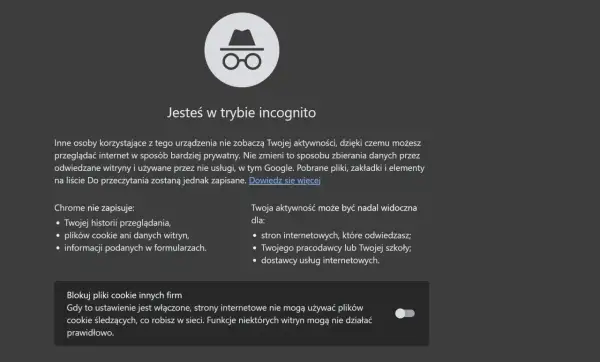 Ikona okularów i kapelusza symbolizuje, że jesteś w trybie incognito. Przeglądaj prywatnie, ale pamiętaj, że Twoja aktywność może być widoczna dla pracodawcy.