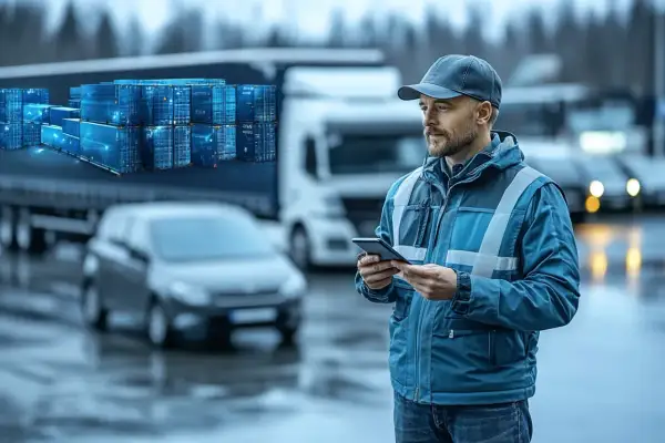 Logistyk planuje jak zorganizować logistykę trasy liniowej powrót do samochodu, korzystając z telefonu. W tle kontenery i ciężarówka.