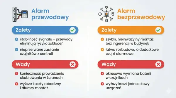 Porównanie alarmów: przewodowy (stabilny, zasilany z centrali) i bezprzewodowy (łatwy montaż, ale wymaga baterii). Czujka tlenku węgla działa w obu systemach.