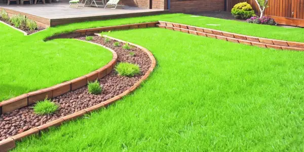 Curving wooden borders define a lush green lawn, showcasing creative landscape border ideas with a pebble-filled garden bed.