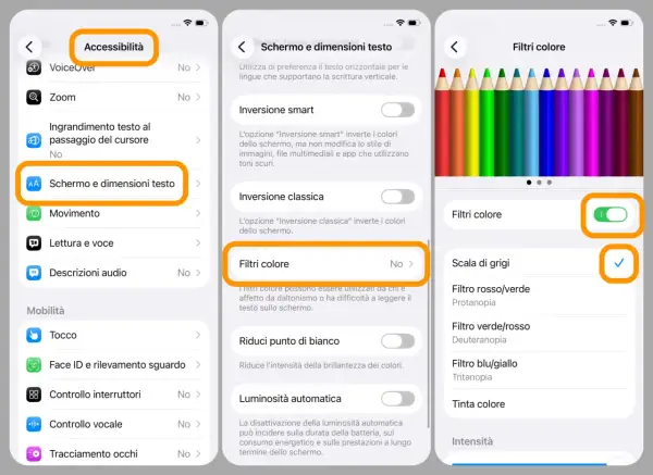 Impostazioni iPhone: Accessibilità > Schermo e dimensioni testo > Filtri colore. La calibrazione schermo iPhone aiuta a leggere meglio.