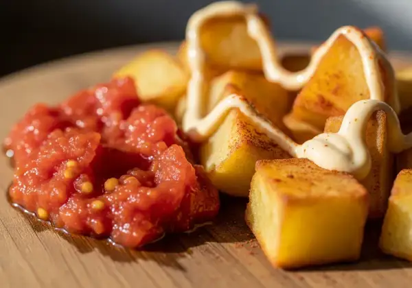 Krispiga potatisbitar med en klick tomatsalsa och en generös sträng aioli. En klassisk portion patatas bravas.