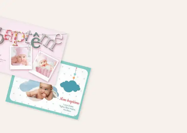 Cartes d'invitation pour un baptême avec des photos de bébé et le mot "baptême" en lettres décoratives.