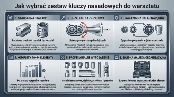 Stal CrV, grzechotka 72-zębowa i różne rozmiary napędów to kluczowe cechy dobrej nasadki. Zestaw 70-94 elementów z walizką to idealne rozwiązanie.
