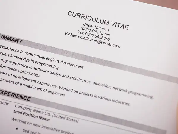 Fragment dokumentu Curriculum Vitae z danymi kontaktowymi i podsumowaniem doświadczenia zawodowego.