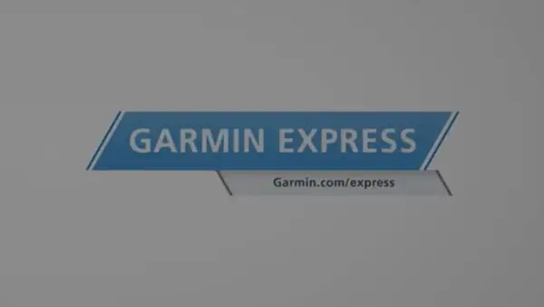 Niebieski baner z napisem GARMIN EXPRESS i adresem Garmin.com/express.