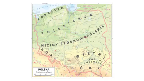 Mapa Polski z zaznaczonymi krainami geograficznymi. Gdzie są Karpaty i Sudety? Na południu kraju, wzdłuż granicy z Czechami i Słowacją.