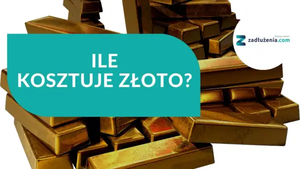 Stos sztabek złota, na nich napis "ILE KOSZTUJE ZŁOTO?". Dowiedz się, ile kosztuje gram złota 999.