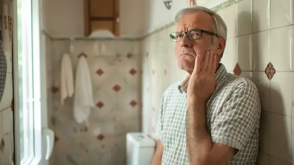 Starszy mężczyzna z bólem zęba, szuka antybiotyku na opuchliznę zęba bez recepty.