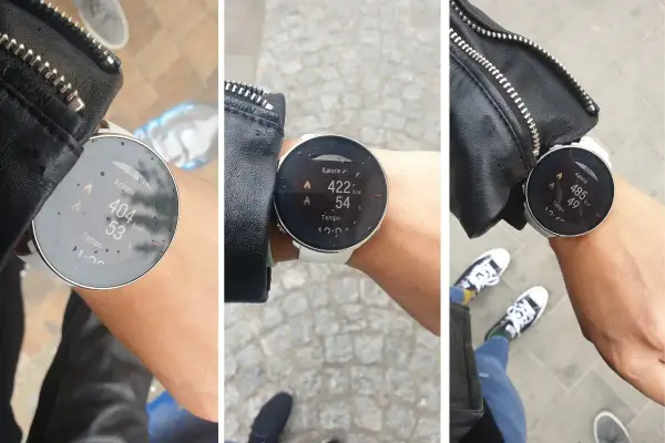 Zegarek pokazuje, ile kalorii spala spacer: 404, 422 i 485 kcal.