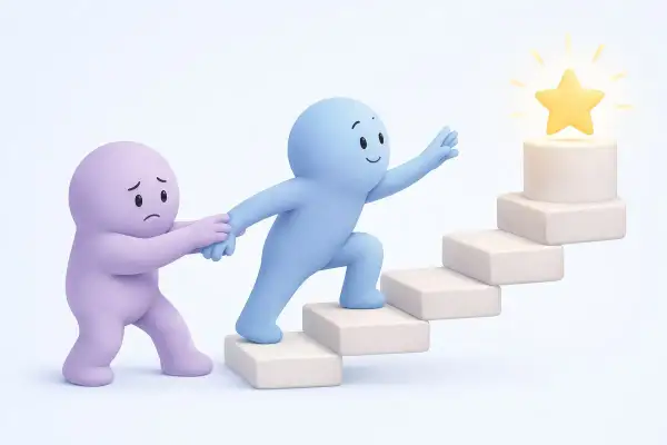 Un personaggio blu sale le scale verso una stella, mentre uno viola, che sembra triste, lo trattiene. Lui non è felice con me.