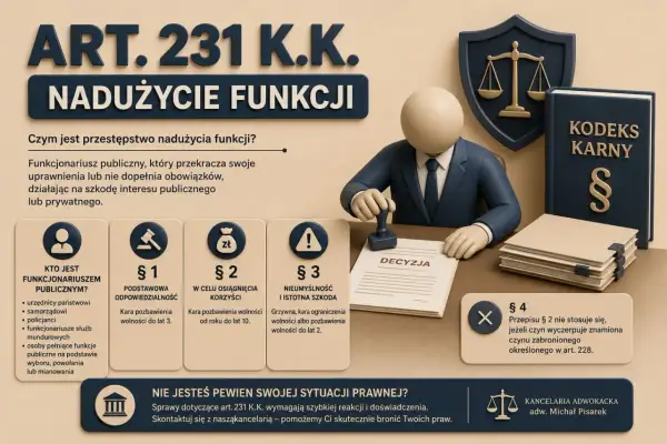 Ilustracja przedstawia art. 231 K.K. nadużycie funkcji. Widoczny jest urzędnik z pieczęcią, kodeks karny i waga sprawiedliwości.