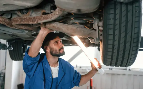 Mechanik z latarką bada podwozie auta. Upewnia się, że nie ma **braku przeglądu powyżej 30 dni**, by zapewnić bezpieczeństwo.