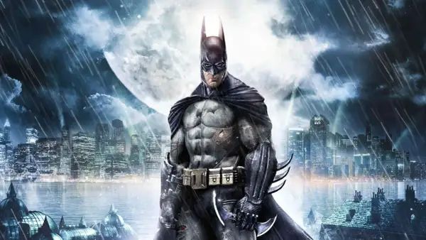 Batman w deszczową noc nad Gotham. Ten obraz to idealny **batman arkham asylum poradnik** dla graczy.