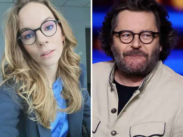 Hanna Turnau i jej mąż, Tomasz Kammel, w okularach. Ona w niebieskiej koszuli, on w beżowej kurtce.