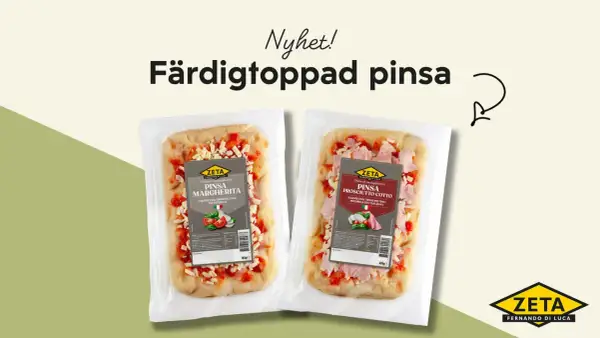 Två färdigtoppade mini pizzor, en Margherita och en Prosciutto Cotto, i plastförpackning.