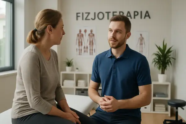 Fizjoterapeuta w gabinecie rozmawia z pacjentką.