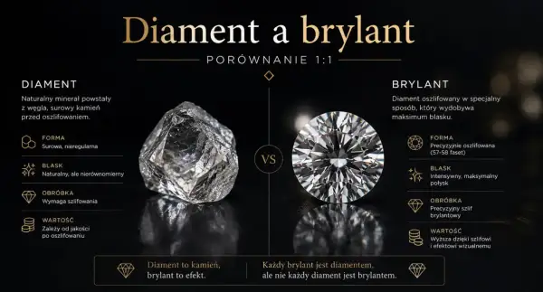 Porównanie surowego diamentu i lśniącego brylantu. Czystość diamentu si jest kluczowa dla jego wartości.
