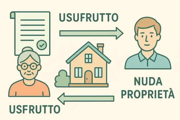 Schema illustra passaggio di proprietà immobile tra familiari: usufrutto a nonna, nuda proprietà a nipote.