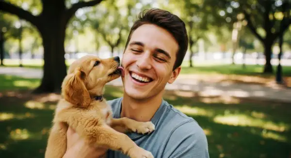 Szczeniak golden retriever liże twarz roześmianego młodego mężczyzny w parku. To pokazuje, dlaczego pies liże człowieka – okazuje miłość i przywiązanie.
